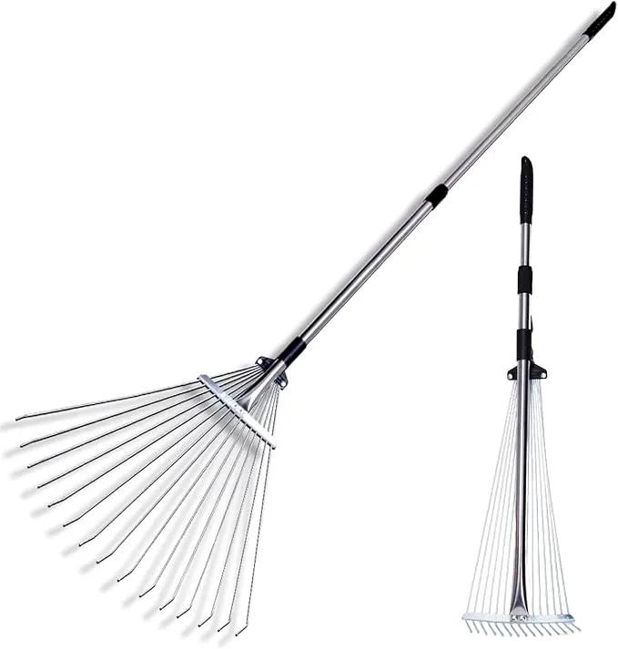 Adjustable Garden Metal Rake -32 to 63 Inch ,Hand Weed Collapsible Camping Landscape Dethatcher Rake for Leaves Shrub Yard Lawns,Leveling Yard Tool,Black by GreenHaven Gardens