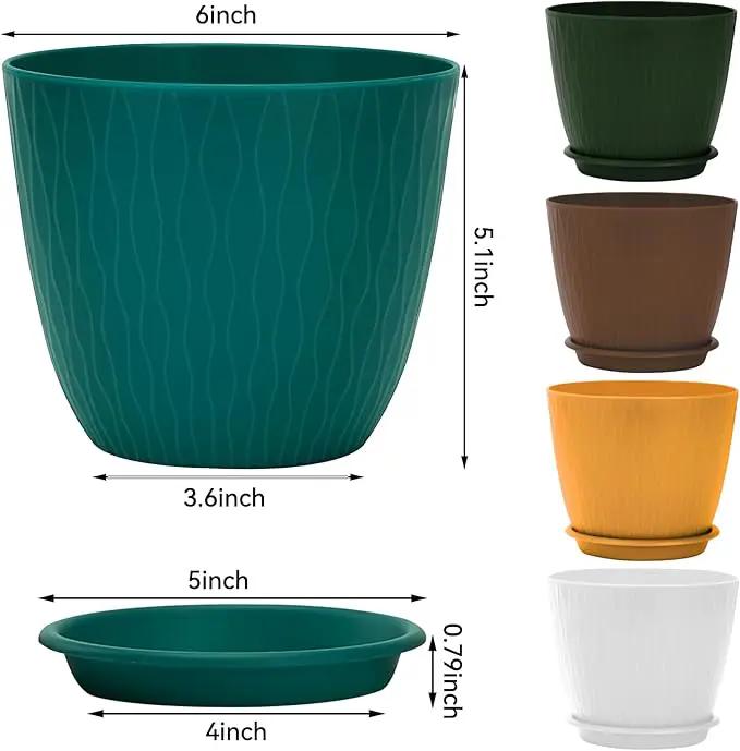 Plant Pots – 6 Inch Planters with Drainage Holes and Saucers, Flower Pots for Indoor and Outdoor Plants, Nursery Planting Pots (Pack of 5, Multicolor) by GreenHaven Gardens