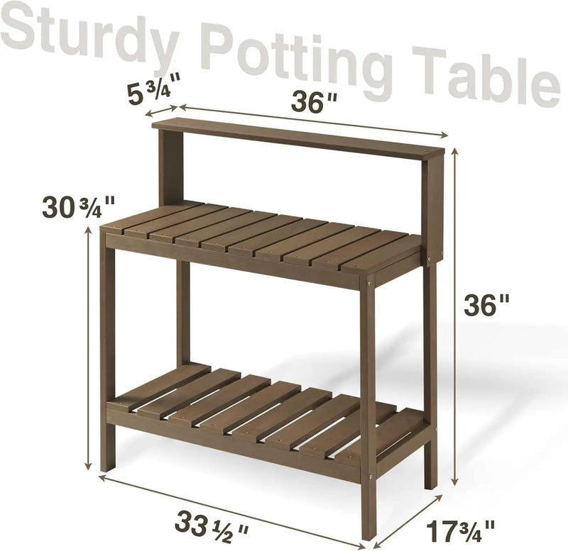 Psilvam Outdoor Poly Lumber Potting Bench, Polystyrene Garden Table with Storage Shelves, All-Weather Patio Work Station for Gardening(Brown) by GreenHaven Gardens