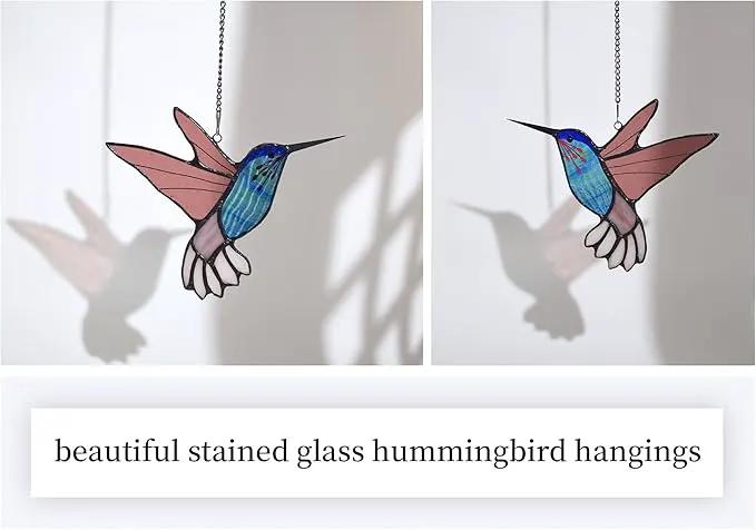 Lolitarcrafts Stained Glass Hummingbird Window Hangings with Flowers, Bird Stained Glass Suncatcher for Window Decor Hummingbird Gifts for Mom,Bird Lovers (Blue B) by GreenHaven Gardens