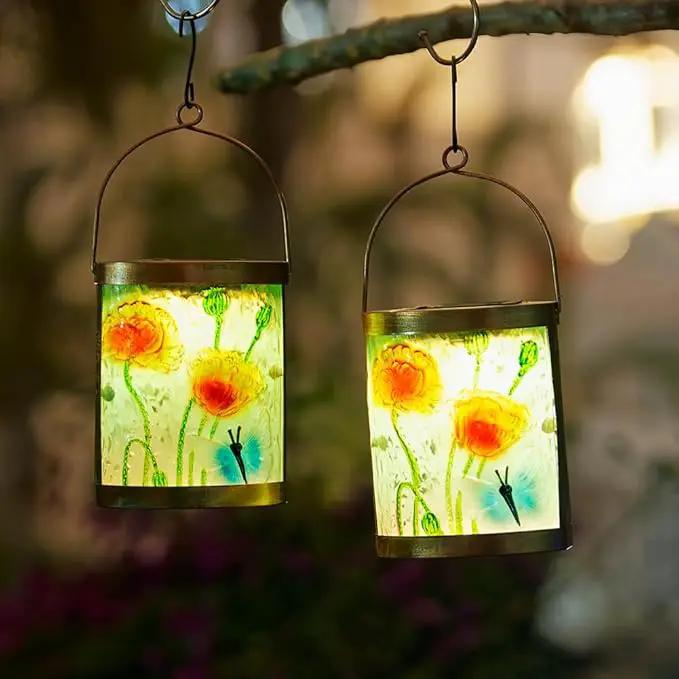 Starsoul 2 Pack Hanging Solar Lantern Outdoor Waterproof Glass Butterfly and Flowers Decorative Solar Lights for Outside Garden Yard Table Patio Decor by GreenHaven Gardens