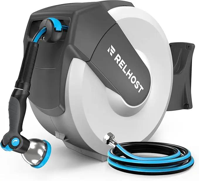 Retractable Garden Hose Reel - 100 ft x 5/8 in Heavy Duty Wall Mount with Auto Rewind, Any Length Lock, 180° Swivel Bracket & 10-Pattern Nozzle (White & Grey) by GreenHaven Gardens