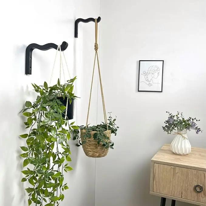 2-Piece Set of Wavy Wooden Wall Planters for Indoor Plants 6 Inch - Natural Plant Hook for Wall Plant, Wind Chimes, Flower Brackets, Patio Garden Decorations - Bracket Plant Hanger (Black) by GreenHaven Gardens