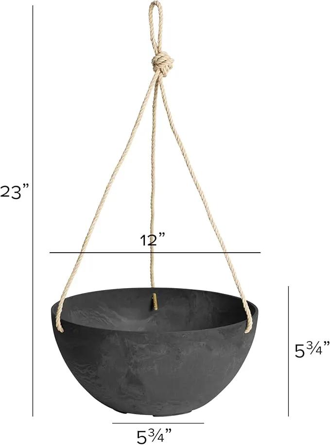 Root & Vessel Self Watering Hanging Planter for Indoor or Outdoor Plants, Unique Marbled Hanging Basket Made of Eco-Friendly Blend of Stone & Plastic, Black, 12" by GreenHaven Gardens
