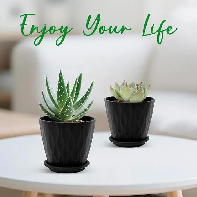 4 inch Plant Pots, 5 Pack Flower Pots Outdoor Indoor, Planters with Drainage Holes and Tray Saucers(Black) by GreenHaven Gardens