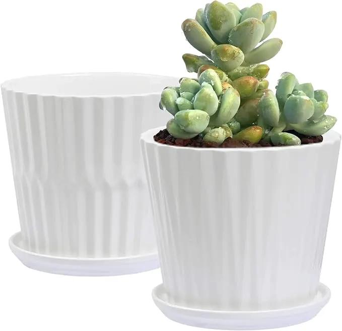 Plant Pots - 6.7 Inch Cylinder Ceramic Planters with Connected Saucer, Pots for Succuelnt and Little Snake Plants, Set of 2, White by GreenHaven Gardens