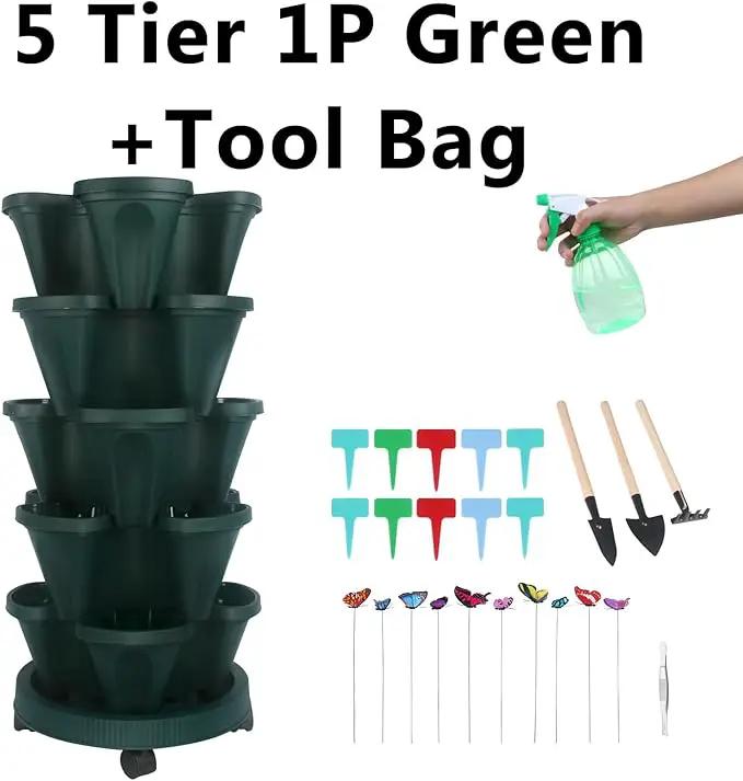 Vertical Planter, 5 Tier Stackable Strawberry Planter with Garden Tool Set, Movable Indoor/Outdoor Garden Herb Pot for Growing Vegetables and Succulents, Green by GreenHaven Gardens
