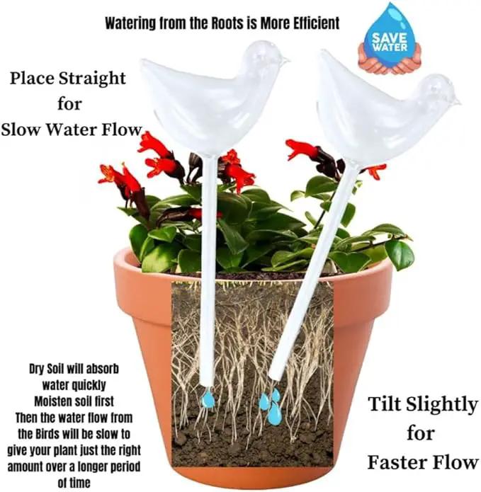 Evelots Plant Self Watering Glass Globes, Bird Shaped Bulbs (4 Pack) Automatic Water Irrigation System for Plants with Funnel, Indoor & Outdoor Use -Extra Long 9.5 Inches by GreenHaven Gardens
