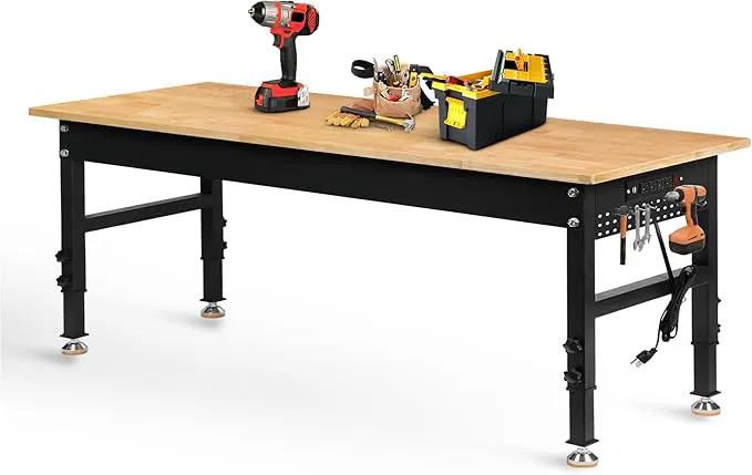 70" Adjustable Height Workbench, 2000 LBS Heavy Duty Work Table with Power Outlets & Pegboard, Rubber Wood Workstation for Garage, Workshop, Office, Home, Commercial by GreenHaven Gardens