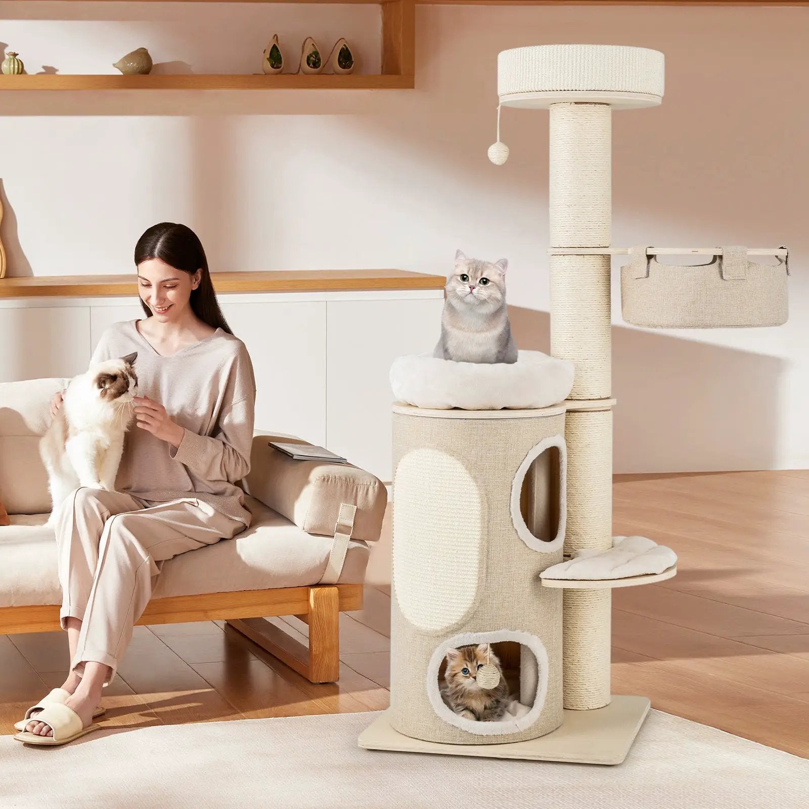 61 Inches Cat Tree for Indoor Cats with 2-stoery Condo and Top Perch-Natural by DirectDeals