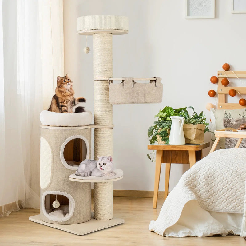 61 Inches Cat Tree for Indoor Cats with 2-stoery Condo and Top Perch-Natural by DirectDeals