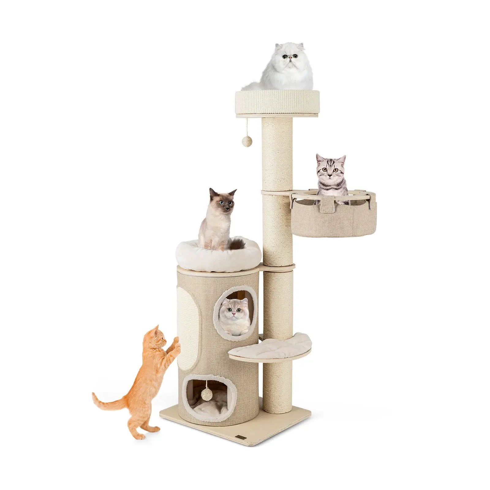 61 Inches Cat Tree for Indoor Cats with 2-stoery Condo and Top Perch-Natural by DirectDeals