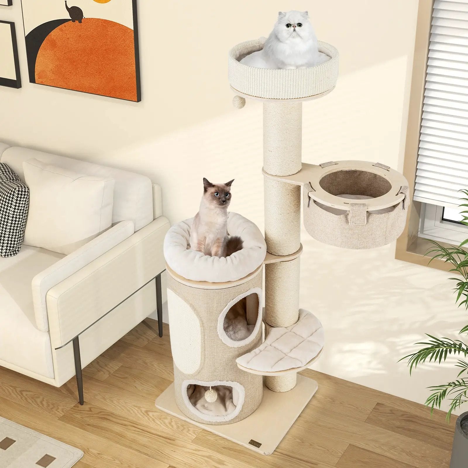 61 Inches Cat Tree for Indoor Cats with 2-stoery Condo and Top Perch-Natural by DirectDeals