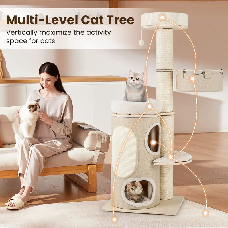 61 Inches Cat Tree for Indoor Cats with 2-stoery Condo and Top Perch-Natural by DirectDeals