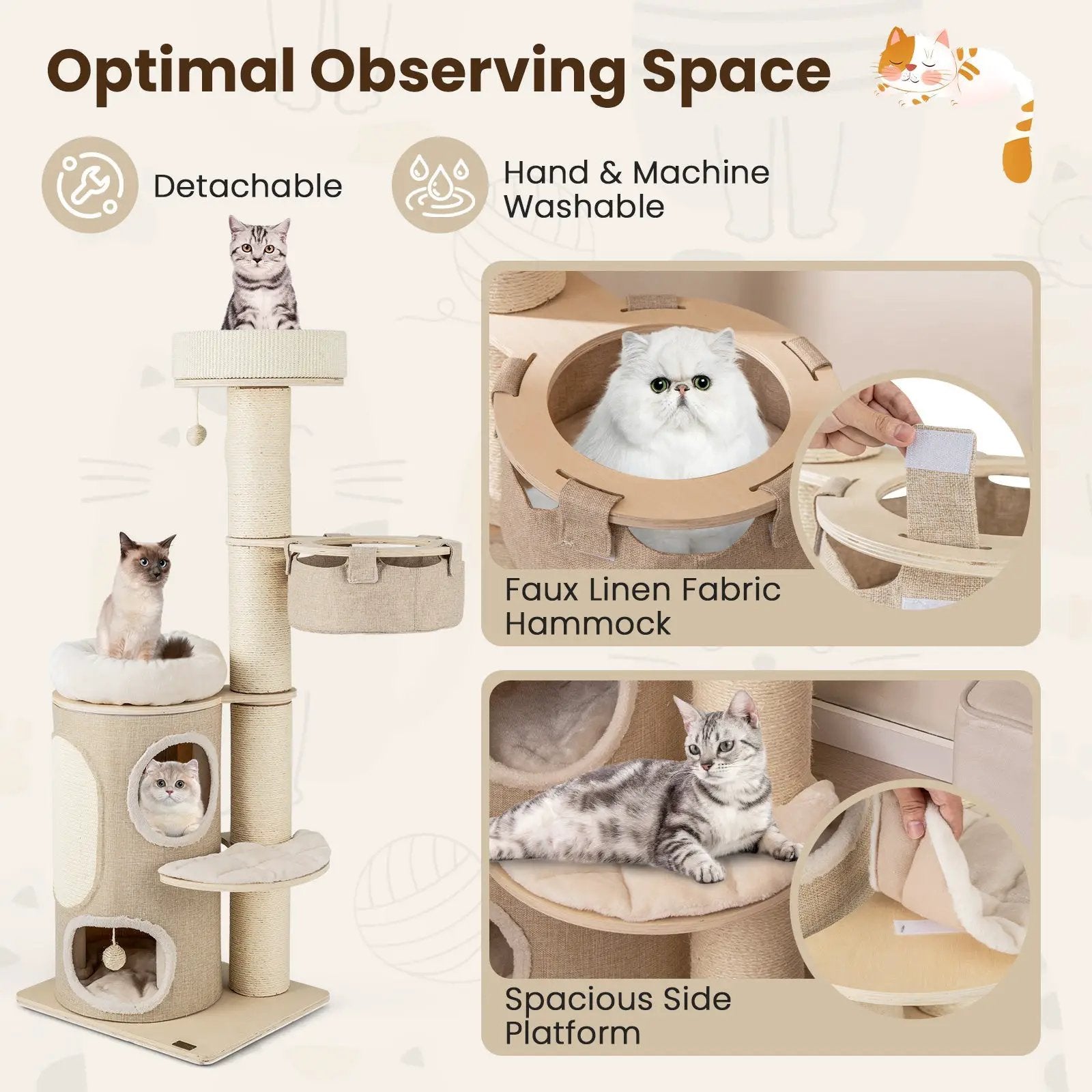 61 Inches Cat Tree for Indoor Cats with 2-stoery Condo and Top Perch-Natural by DirectDeals