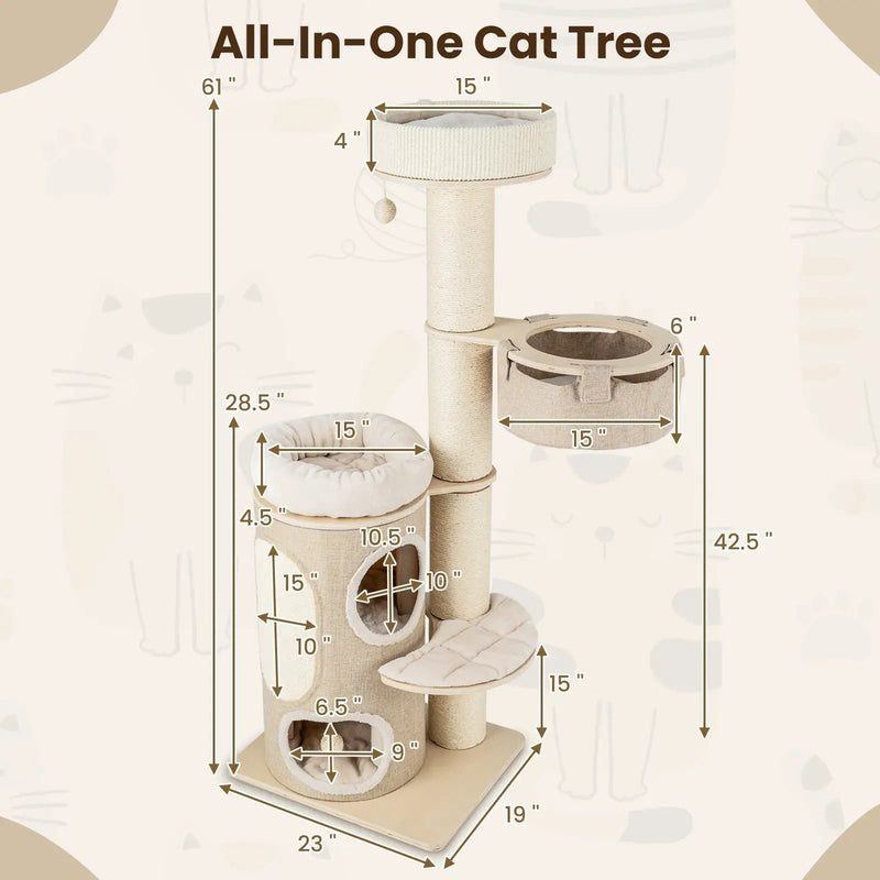 61 Inches Cat Tree for Indoor Cats with 2-stoery Condo and Top Perch-Natural by DirectDeals