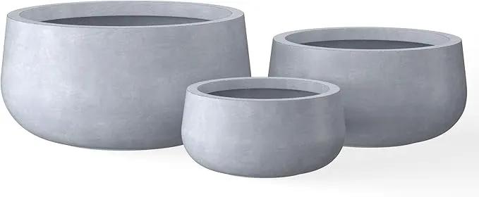 Kante 19.6",15.7",11.8" Dia Round Concrete Planters Set of 3, Cement Plant Pots with Drainage Hole and Rubber Plug for Outdoor Indoor Garden Home, Modern Curvaceous Design, Gray by GreenHaven Gardens
