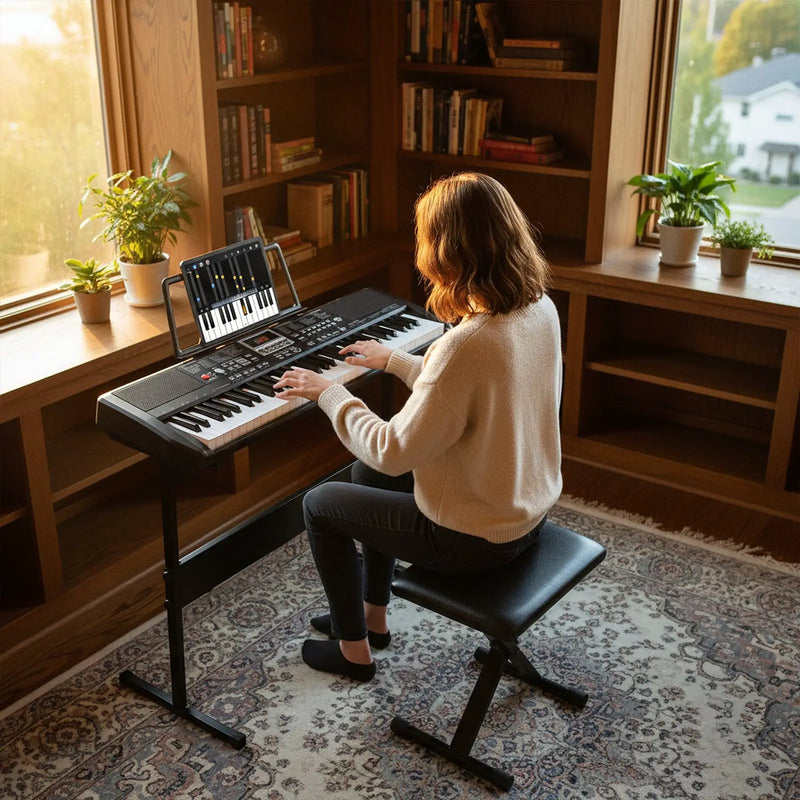 61 Keys Beginners Piano Keyboard Electric Keyboard Kit with Adjustable Stand and Stool-Black by DirectDeals