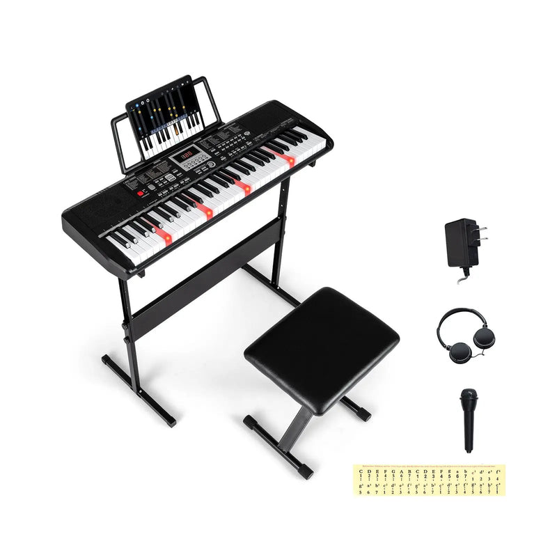 61 Keys Beginners Piano Keyboard Electric Keyboard Kit with Adjustable Stand and Stool-Black by DirectDeals