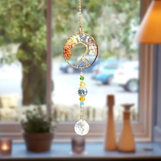 3pcs Tree of Life Chakra Crystal Suncatcher Windows Hanging Gloden Sun Catchers Decor with Prisms for Car, Feng Shui House Warming Gift for Home by GreenHaven Gardens