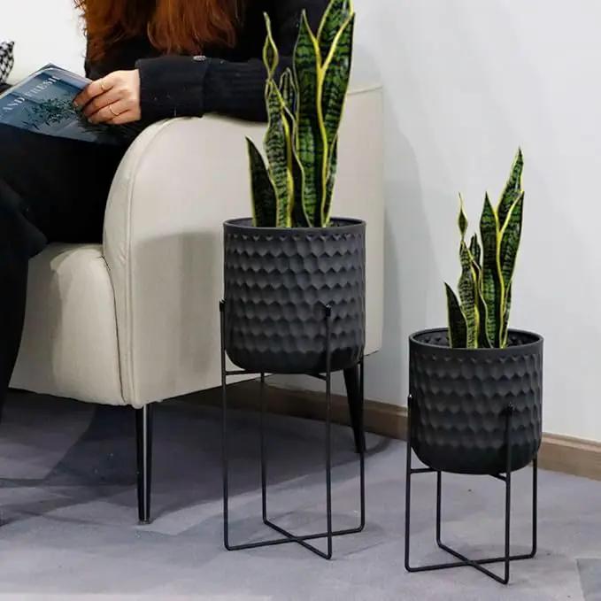 TRIROCKS Set of 2 Planters with Stand Indoor Outdoor Metal Plant Stand 8 * 18 &7 * 12 "Modern Planters Flower Pots for Living Room Corner Kitchen Office Garden Balcony Patio Decor(Black) by GreenHaven Gardens