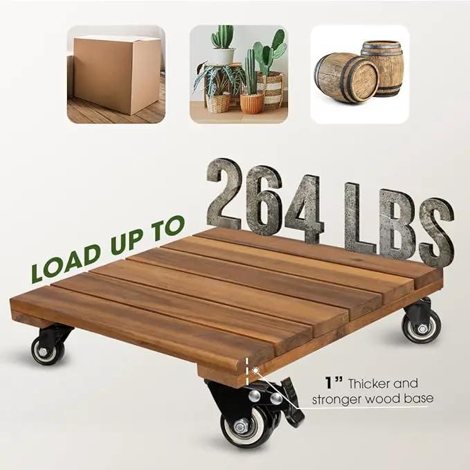 Idzo 2-Pack 12 Inch Acacia Wood Rolling Square Plant Caddy for Plant Pots, Heavy Duty Plant Stand with 360° Lockable Wheels, 264 lbs Capacity Caddy for Indoor and Outdoor Use, Natural Wood by GreenHaven Gardens