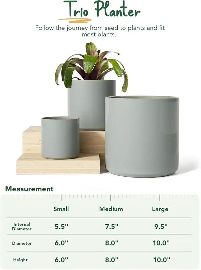 LE TAUCI Ceramic Plant Pots Indoor, 10 Inch 8 Inch 6 Inch Planters for Indoor Plants, Mid-Century Modern Flower Pots with Drainage Hole, Cylinder Round Planter Pots, Set of 3, Reactive Glaze Blue Gray by GreenHaven Gardens