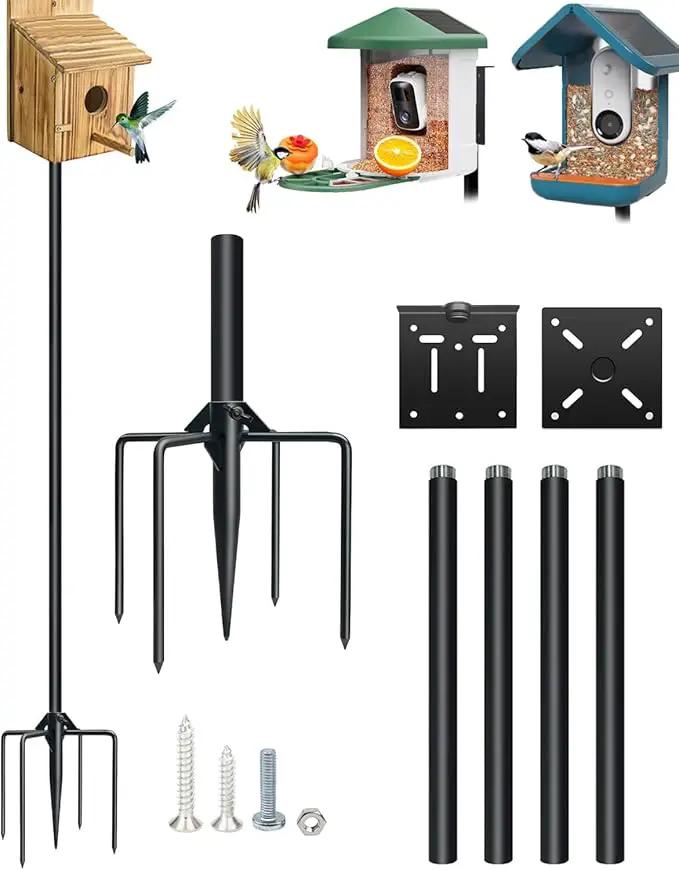 QwayHome【New Upgrade】 80In Smart Bird House Poles, 1Inch Dia Poles, Outdoor Bird Feeder Pole Mount Kit for Smart Bird Feeder & Wooden Birdhouse & Weather Station, Heavy Duty, Adjustable, 5-Prong Base by GreenHaven Gardens