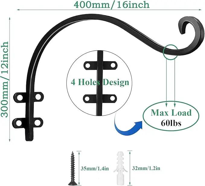 4 Pack Heavy Duty Plant Hanger Bracket, 16Inch Hanging Brackets for Plants Outdoor and Indoor, 80lbs Holding Capacity Metal Plant Wall Hooks, Black Hanging Plant Brackets for Flower Wind Bird Feeder by GreenHaven Gardens