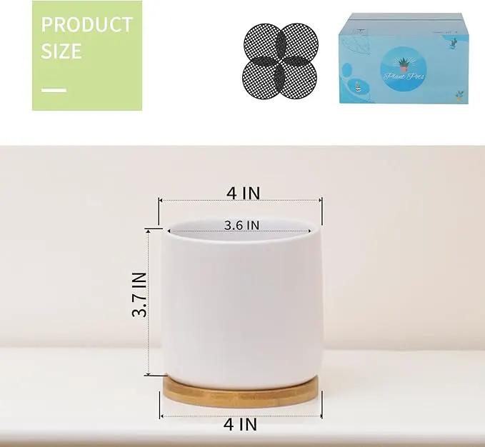 4 Inch Ceramic Plant Pots with Drainage Holes and Trays, Adorable Small Cylinder Flower Planter Pot with Saucers for Indoor Plants, Succulent, Snake Plants, Cactus & Herbs, White, Set of 4 by GreenHaven Gardens