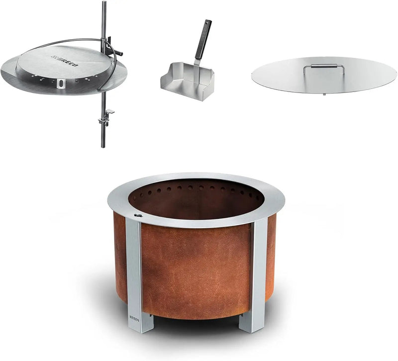 Breeo Smokeless Fire Pit Warmth Bundle (X Series 24 Corten Steel, Heat Deflector, Ash Shovel, & Lid) | 27.5 inch Smokeless Firepit for Outside | Ideal for Families by GreenHaven Gardens
