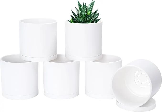 D'vine Dev 6 Pack 4 Inch Modern Plastic Plant Pots, Small Garden Planters for Plant with Drainage Holes and Saucers, White Color, 74-Z-E-3 by GreenHaven Gardens