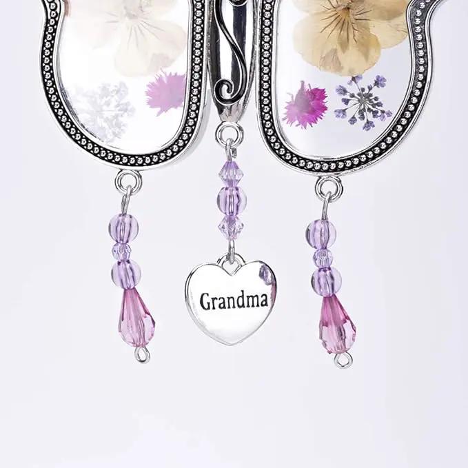 Laraine Butterfly Suncatcher with Pressed Colourful Flower Wings Mom Mother's Day Butterfly Glass Wind Chime Ornament Charm with Metal Heart Gifts for Mom Grandma Birthday (Yellow Grandma) by GreenHaven Gardens