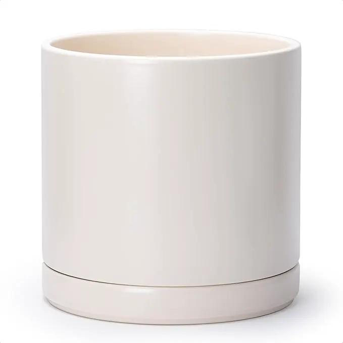 D'vine Dev 12 Inch Ceramic Planter Pot with Drainage Hole and Saucer, Indoor Cylinder Round Planter Pot, Oatmeal, 94-O-F-8 by GreenHaven Gardens