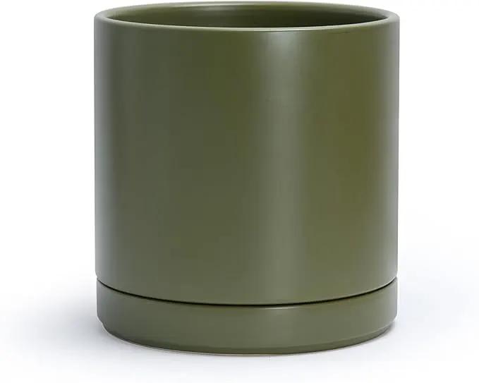 D'vine Dev 10 Inch Ceramic Planter Pot with Drainage Hole and Saucer, Indoor Cylinder Round Planter Pot, Olive, 94-O-E-J by GreenHaven Gardens