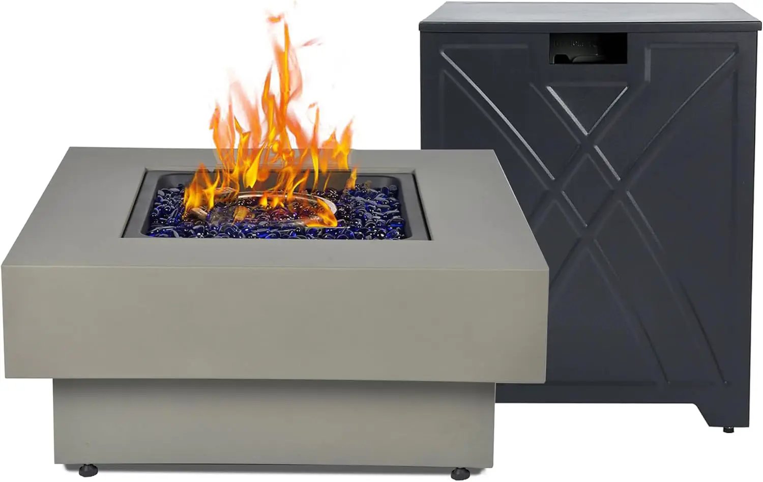 32.5-inch Outdoor Gas Fire Pit with 20lb Propane Tank Cover Table, 50,000BTU Propane Gas Fire Pits for Outside Patio w/Square Burner Lid, Glass Rocks, Pre-Attached 10ft External Gas Hose by GreenHaven Gardens