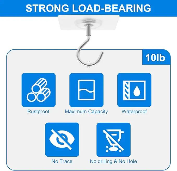 Adhesive Ceiling Hooks，10 Pack No Drill Ceiling Hanging Hook for Hanging Plants Lanterns,Wind Chimes Stainless Steel Outdoor Adhesive Hooks by GreenHaven Gardens