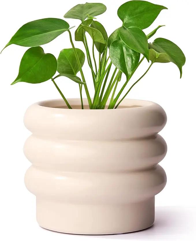 Tiered Bubble Ceramic Plant Pot, Creamy White 6 Inch Ceramic Planter with Drainage Holes, Ceramic Flower Pot with Mesh Pad, Rubber Plugs, Ceramic Pots for Indoor Plants Outdoor, Modern Décor by GreenHaven Gardens