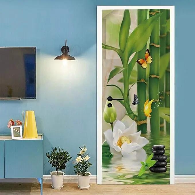 3D Bamboo Door Stickers - Peel & Stick - Waterproof & Washable - Matt Finish - Modern Style - Green - Bamboo Floral - 37.4" x 82.7" by GreenHaven Gardens