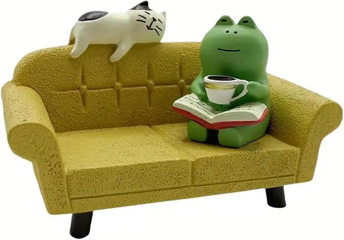 Miniature Figurines Set - Cute Frog & Cat with Mini Sofa, Tiny Desk Decor Accessories for Home Office Bedroom Shelf Table Garden Decoration by GreenHaven Gardens