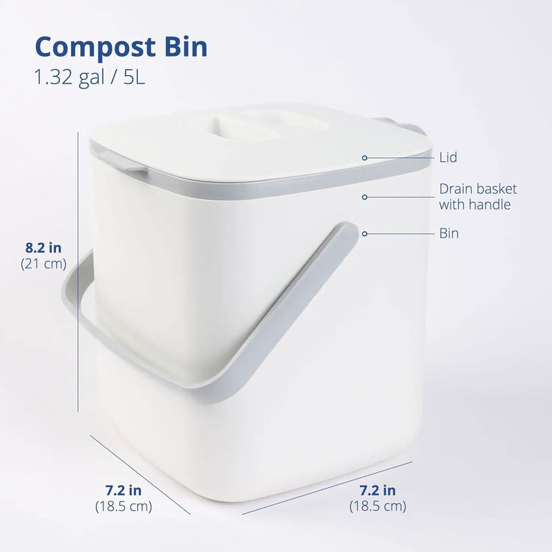 BLUE GINKGO Kitchen Compost Bin [5L / 1.32 GAL] – Filter-Free, Odor-Tight Countertop Food Waste Pail with Handles (Made in Korea, White) by GreenHaven Gardens
