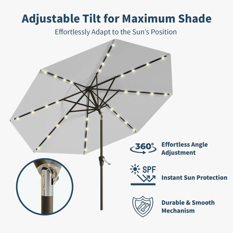 10FT Solar Umbrella 32 LED Lighted Patio Umbrella Table Market Umbrella w/Tilt and Crank, UV-Resistant Outdoor Umbrella for Pool, Garden, Deck, Light Gray by GreenHaven Gardens