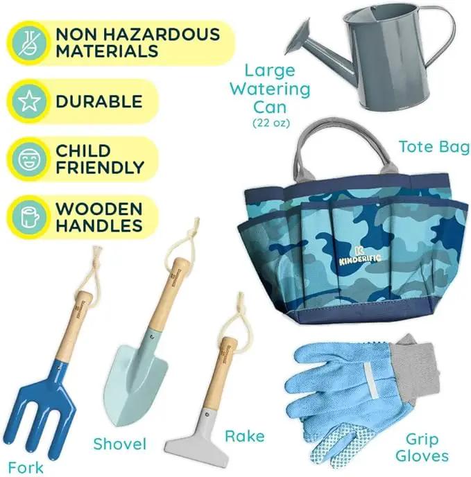 Gardening Set, Tool Kit, for Kids, STEM, Includes Tote Bag, Spade, Watering Can, Rake, Fork, Trowel and Gloves (Camo Quest) by GreenHaven Gardens
