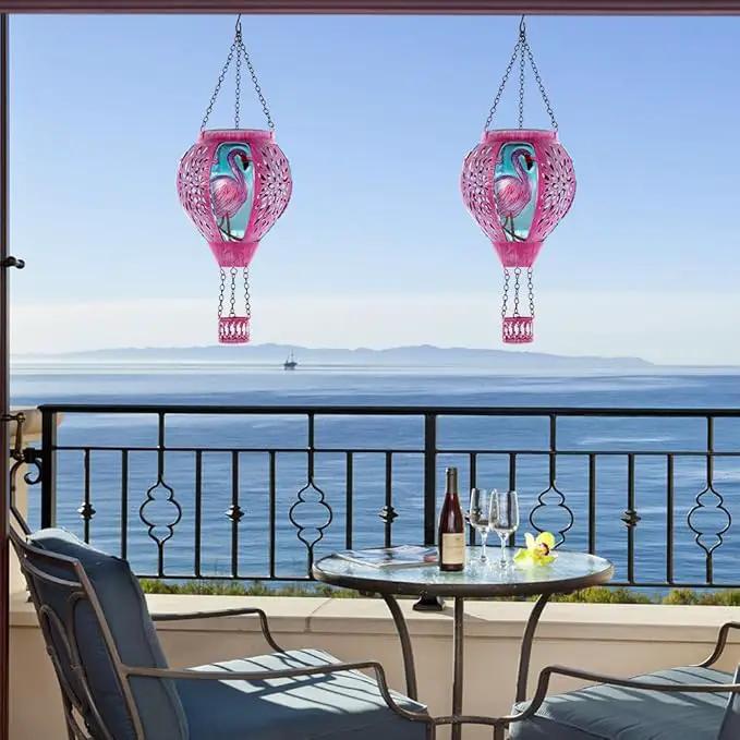 Starsoul Pink Hot Air Balloon Solar Lantern Flamingo Metal & Glass Solar Hot Air Balloon Hanging Garden Light Waterproof Outdoor Lantern for Patio Yard Party Decor by GreenHaven Gardens