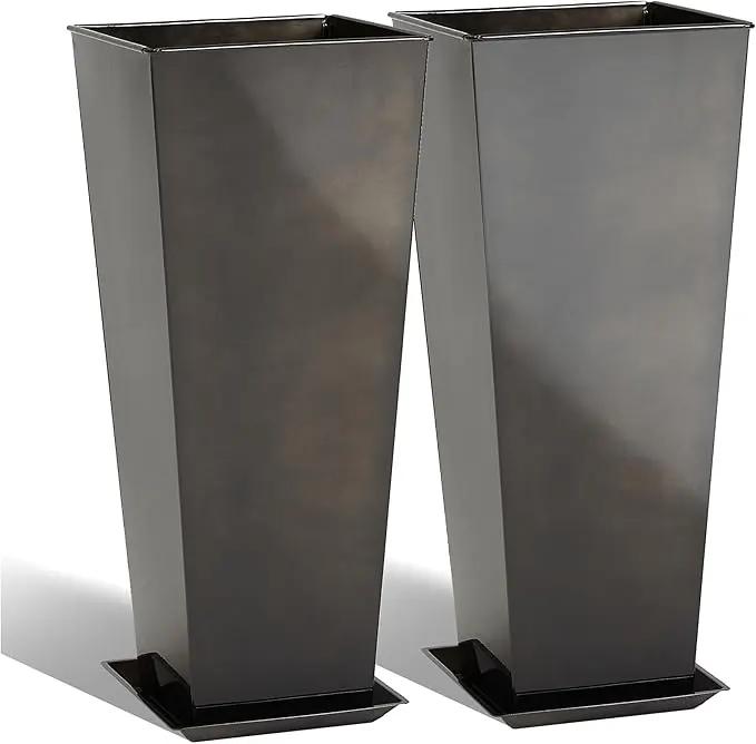 KOL 25''H. Bright Glazed Planter with Drainage Hole, Set of 2, Tall Galvanized Steel Planter Pots with Saucer for Indoor & Outdoor Use, Decorative Flower Plant Pots for Porch, Patio, Deck - Black by GreenHaven Gardens