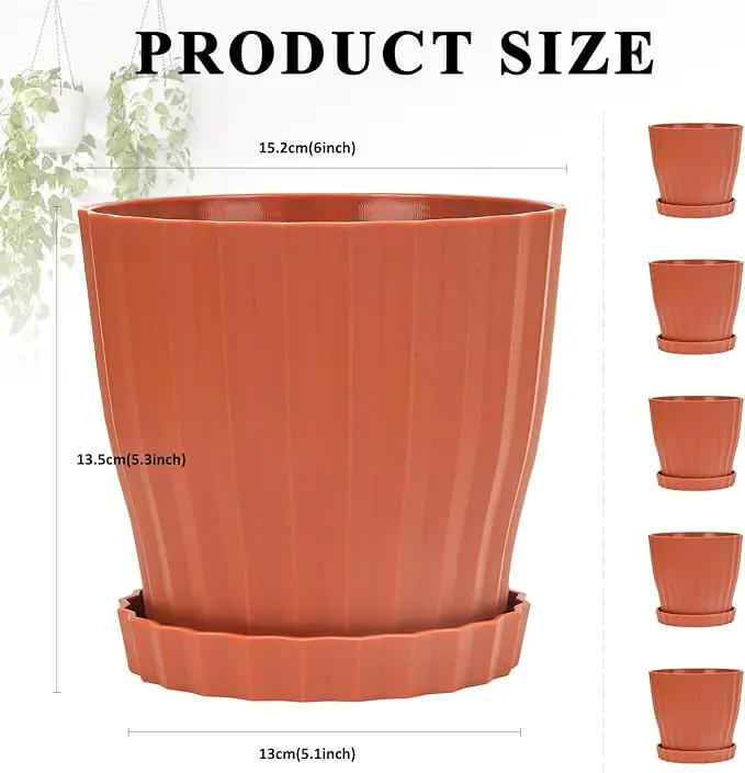 Plastic Flower Pots, 5 Pack 6 inch Indoor Plant Pots Planters for Outdoor Plants Flowers Garden Patio Home Nursery Decor Gifts,Large Succulent Pots with Drainage Tray Saucer & Hole Terracotta by GreenHaven Gardens