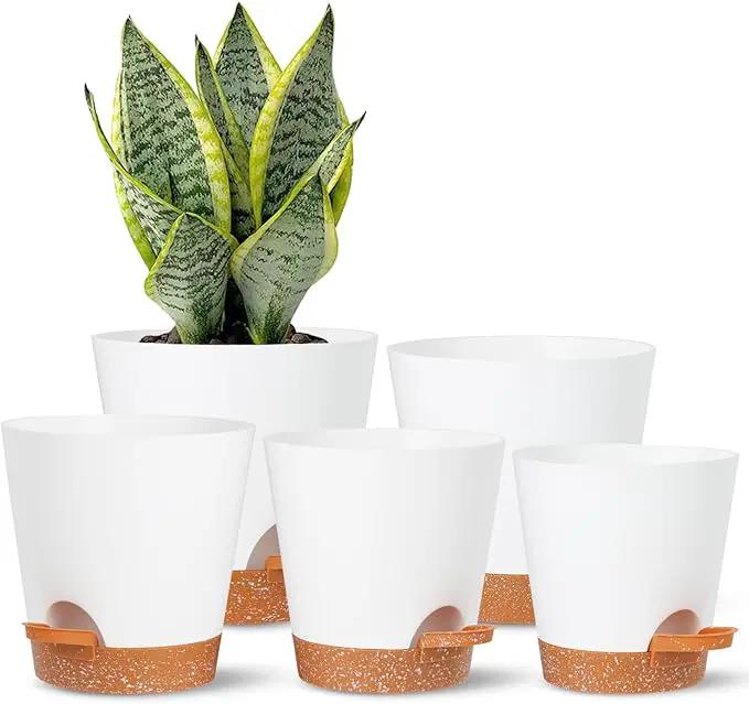Plant Pots Outdoor Self Watering Pots, Flower Pots with Drainage Hole and Reservoir White Plastic Planters for Indoor Plants Home Decorations Gift Idea 5Pack by GreenHaven Gardens