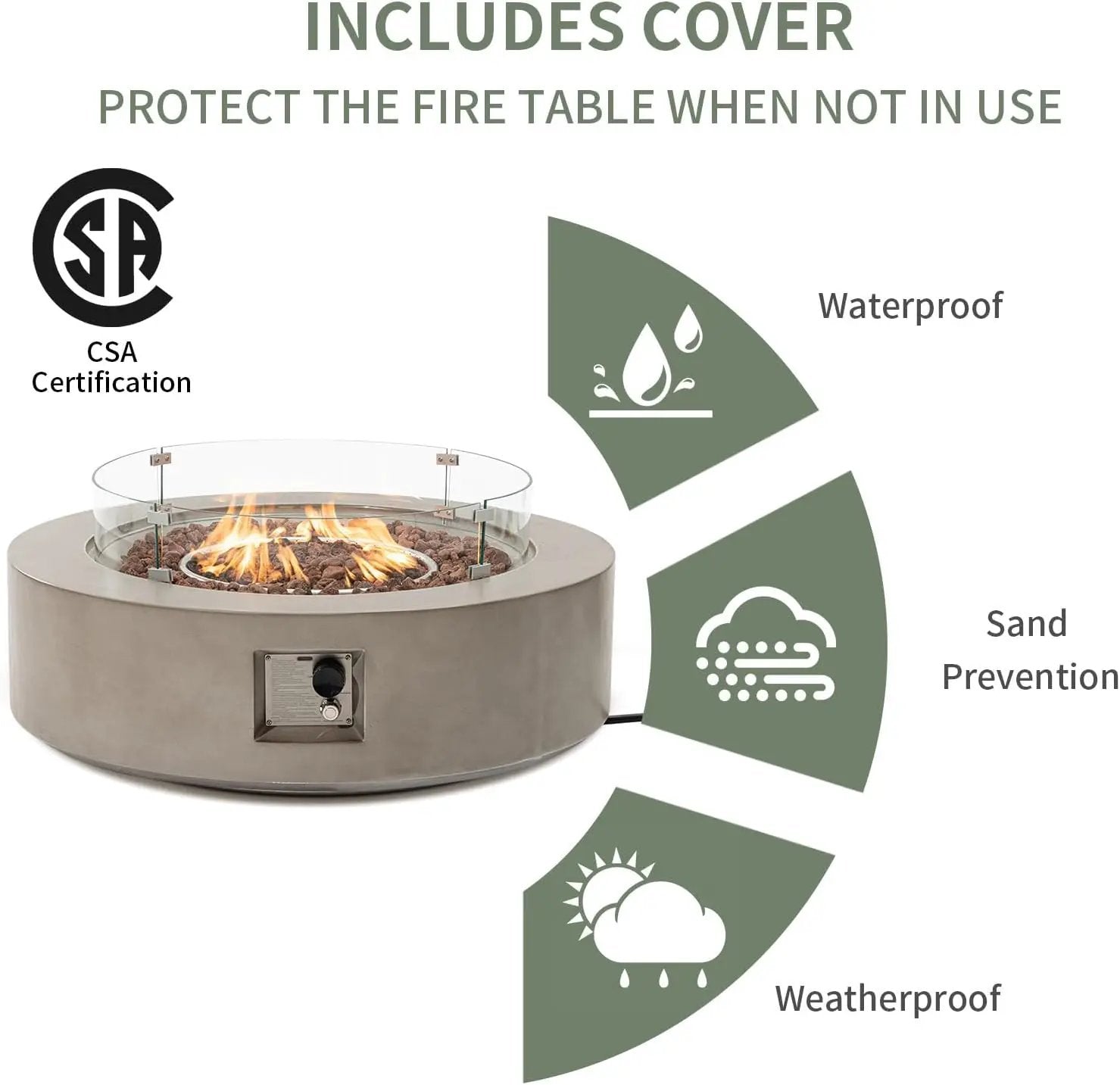 COSIEST 2-Piece Outdoor Propane Firepit Table Set w Tank Table, CSA Certified 42" Fire Table CSA Certified, 50,000 BTU w Gray Round Base,Wind Guard and 16 inches Tank Side Table 20lb for Garden,Pool by GreenHaven Gardens