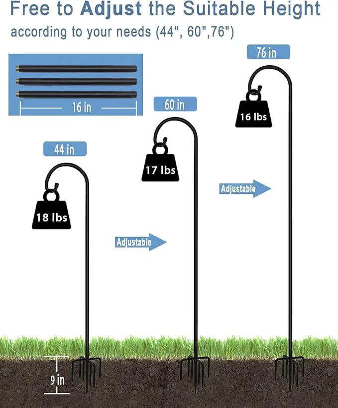 76 inch Outdoor Shepherd Hook with 5 Prong Base (2 Packs), Adjustable Heavy Duty Garden Hanging Stake for Bird Feeder Solar Light Plant Hanger Wedding Decor, Matte Black by GreenHaven Gardens