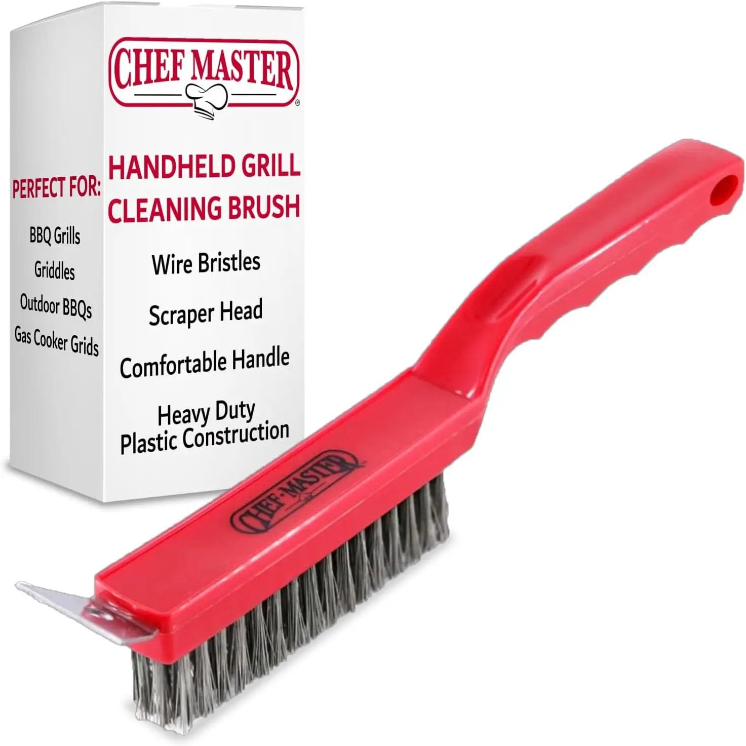 Chef Master Grill Brush & Scraper, Heavy Duty Plastic Handheld Grill Cleaning Brush, Scraper Head with Tough Wire Bristles Grill Brush for Grill Grates, Outdoor BBQ Grill & Grilling Accesories - 90044 by GreenHaven Gardens